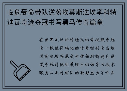 临危受命带队逆袭埃莫斯法埃率科特迪瓦奇迹夺冠书写黑马传奇篇章
